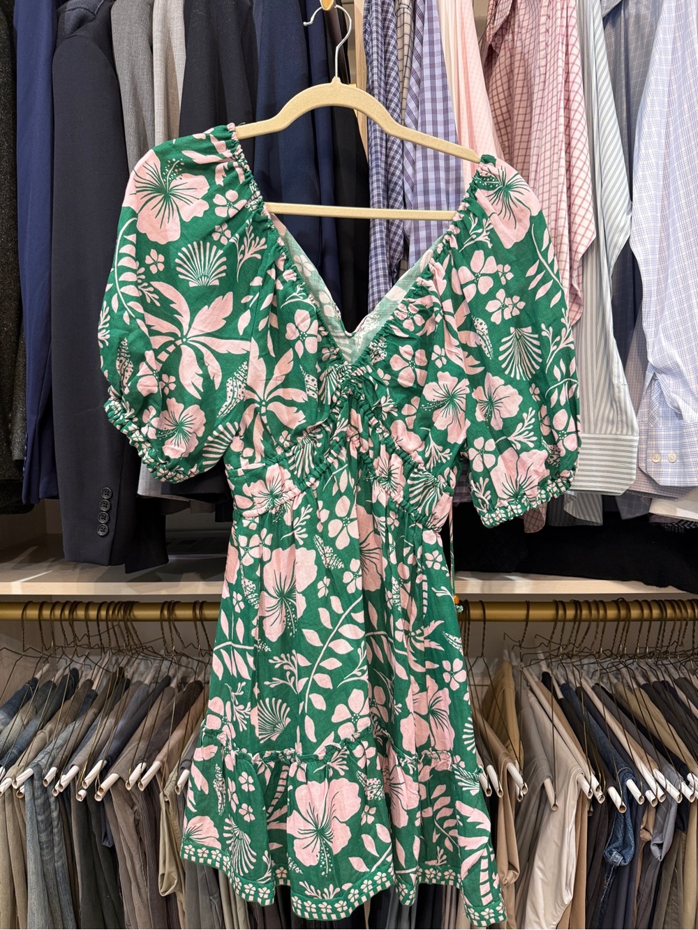 SAYLOR Green Dress with Pink Floral Puff Sleeves